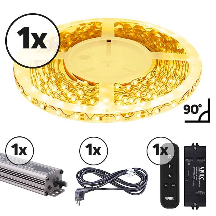 Ruban LED angle droit 5m Ensemble complet 12V 2700K IP20 dimmable 300 SMD 2835 LEDS