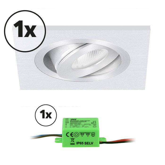 Ensemble complet 1x spot LED encastrable Alba carré 3W 2700K aluminium IP65 dimmable orientable