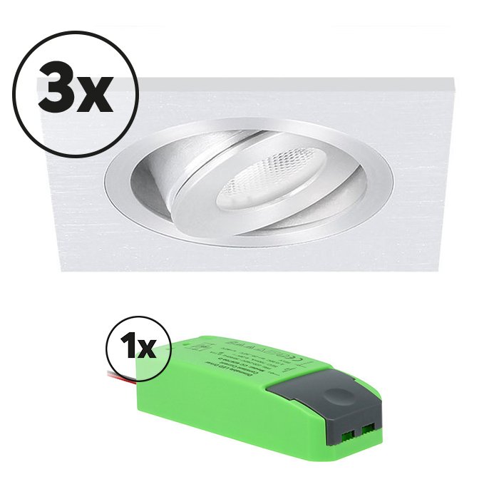 Ensemble complet 3x spot LED encastrable Alba carré 3W 2700K aluminium IP65 dimmable orientable