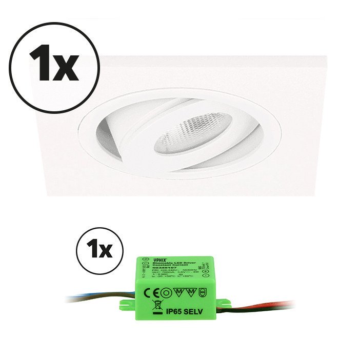 Ensemble complet 1x spot LED encastrable Alba carré 3W 2700K blanc IP65 dimmable orientable