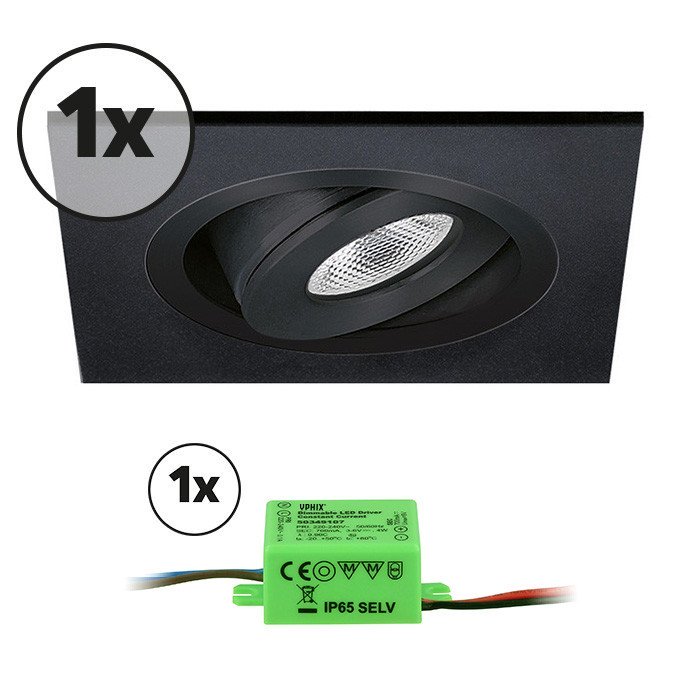 Ensemble complet 1x spot LED encastrable Alba extra plat carré 3W 2700K noir IP65 dimmable orientabl
