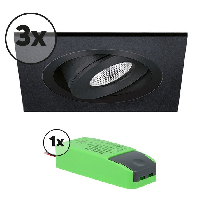 Ensemble complet 3x spot LED encastrable Alba extra plat carré 3W 2700K aluminium IP65 dimmable orie