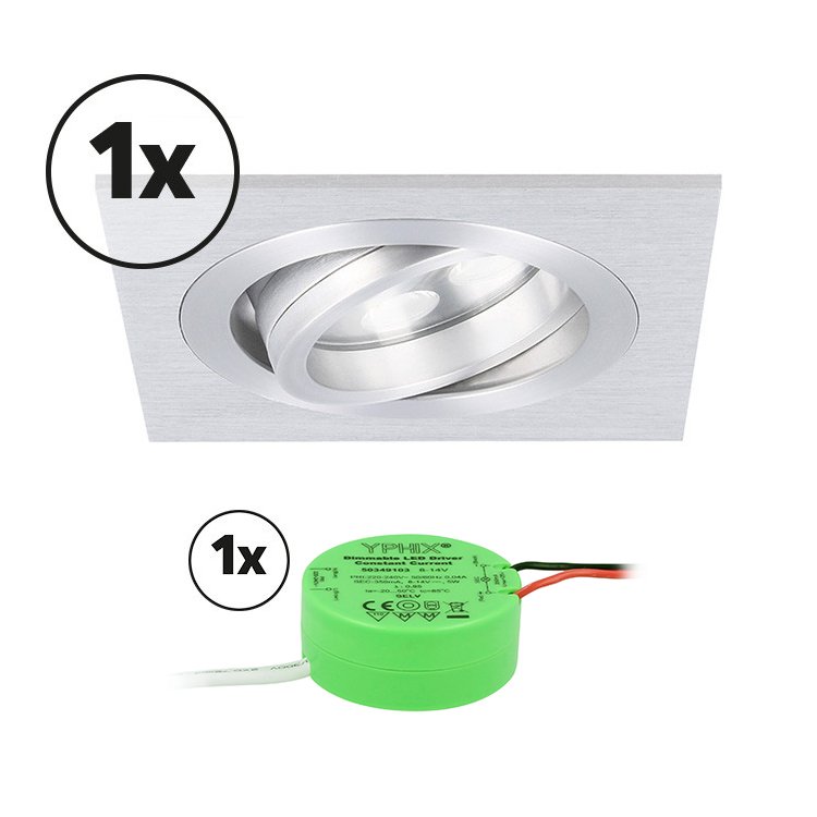 Ensemble complet 1x spot LED encastrable Lecco carré 5W 2700K aluminium IP65 dimmable orientable