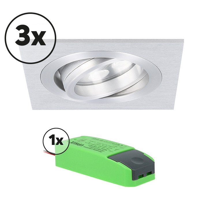 Ensemble complet 3x spot LED encastrable Lecco carré 5W 2700K aluminium IP65 dimmable orientable