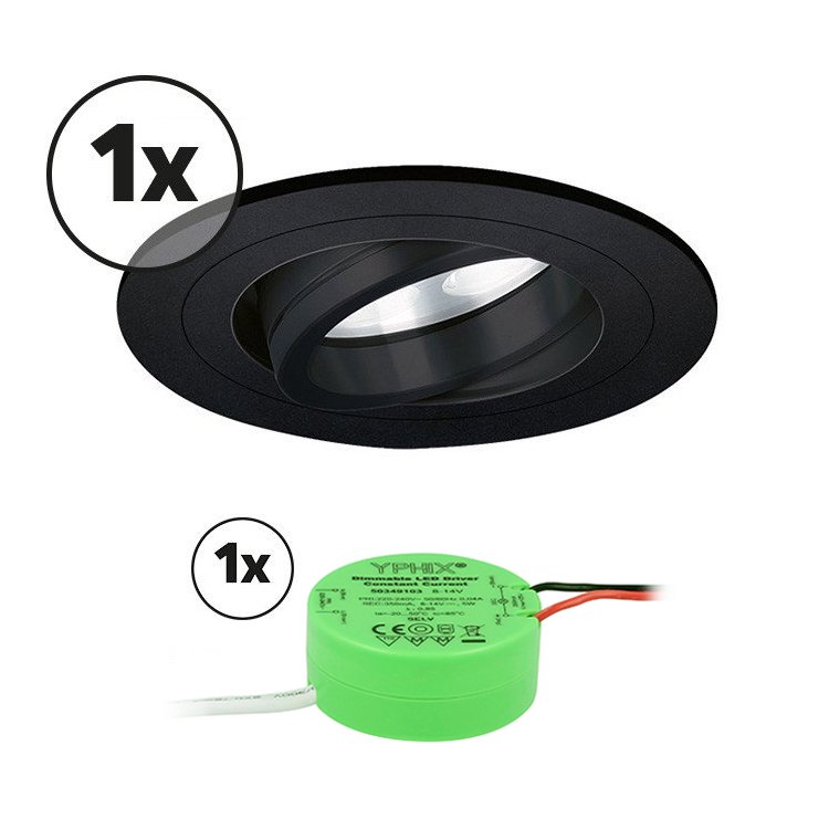 Ensemble complet 1x spot LED encastrable Montella rond 5W 2700K noir IP65 dimmable orientable