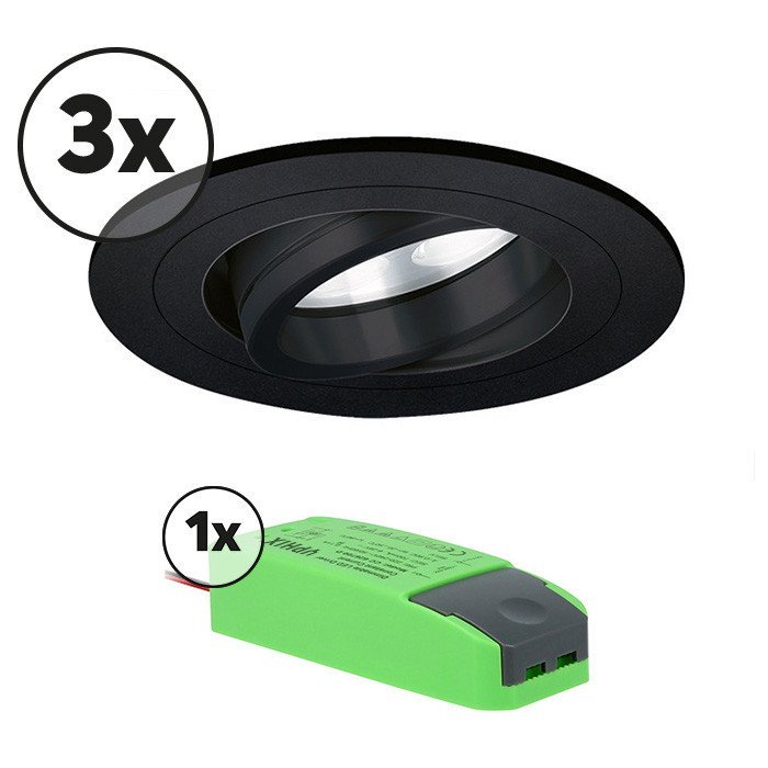 Ensemble complet 3x spot LED encastrable Montella rond 5W 2700K noir IP65 dimmable orientable
