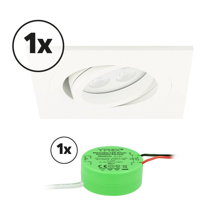 Ensemble complet 1x spot LED encastrable Lecco carré 5W 2700K blanc IP65 dimmable orientable