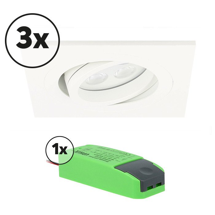 Ensemble complet 3x spot LED encastrable Lecco carré 5W 2700K blanc IP65 dimmable orientable