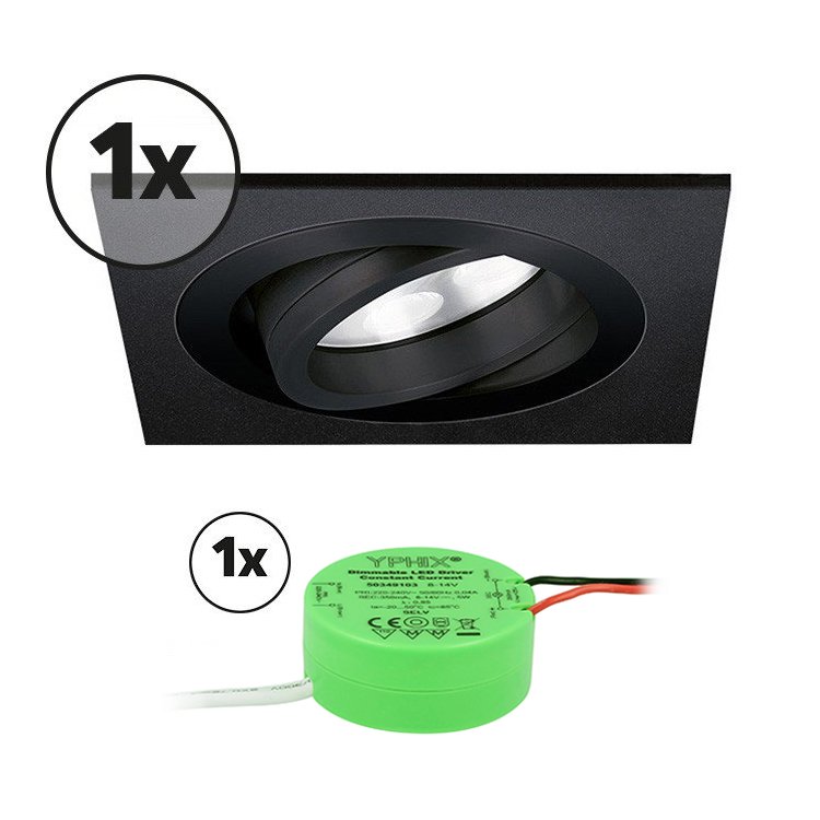 Ensemble complet 1x spot LED encastrable Lecco carré 5W 2700K noir IP65 dimmable orientable