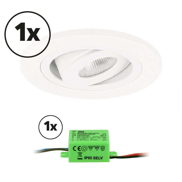 Ensemble complet 1x spot LED encastrable Monza extra plat rond 3W 2700K blanc IP65 dimmable orientable