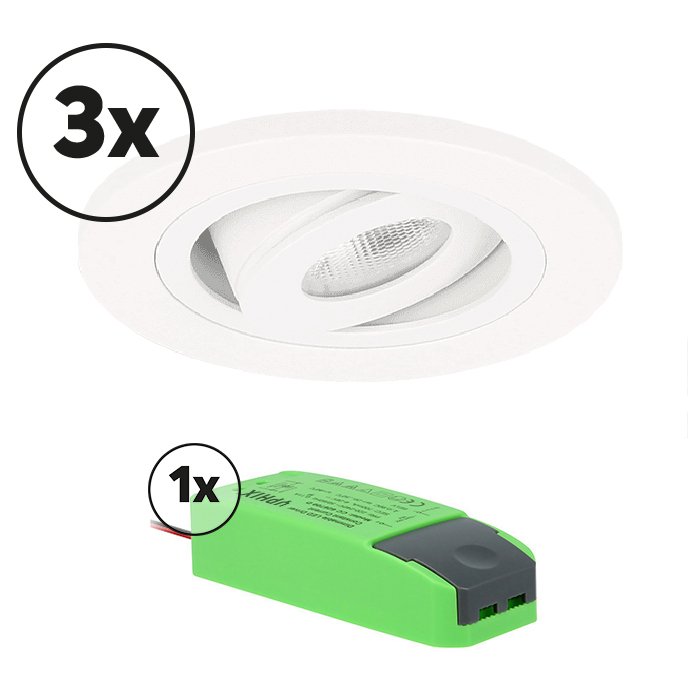 Ensemble complet 3x spot LED encastrable Monza extra plat rond 3W 2700K blanc IP65 dimmable orientable