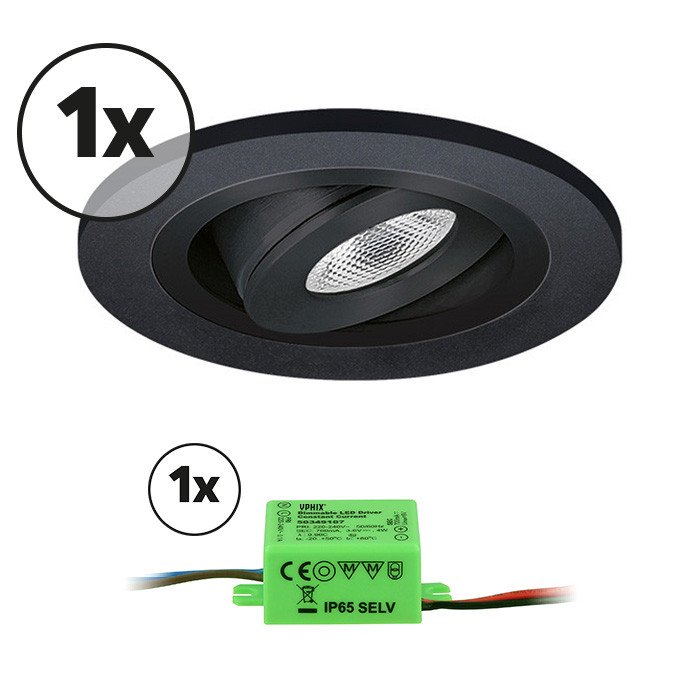 Ensemble complet 1x spot LED encastrable Monza extra plat rond 3W 2700K noir IP65 dimmable orientabl