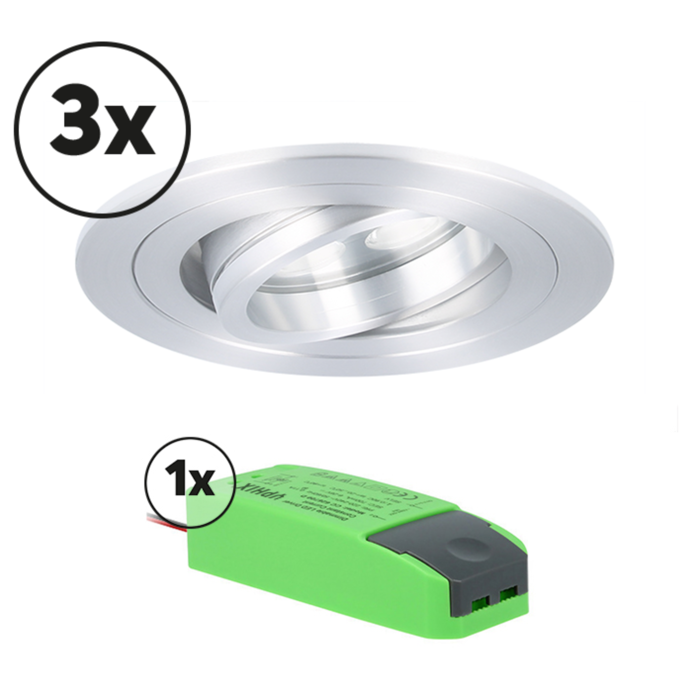 Ensemble complet 3x spot LED encastrable Montella rond 5W 2700K aluminium IP65 dimmable orientable