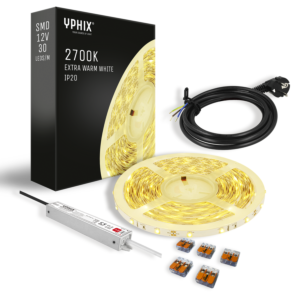 Kit Complet Ruban LED 5 m – Blanc Très Chaud 2700K – 150 SMD – avec Transformateur 12V - 24W
