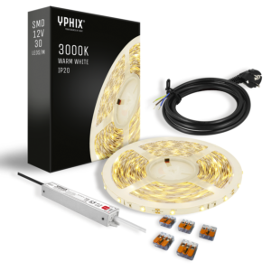 Kit Complet Ruban LED 5 m – Blanc Chaud 3000K – 150 SMD – avec Transformateur 12V - 24W