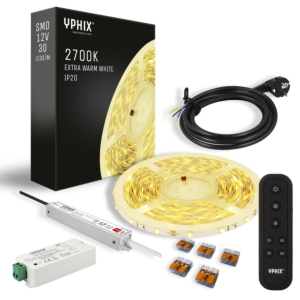 Kit Complet Ruban LED Dimmable 5 m – 2700K – 150 LED SMD – avec Dimmer, Télécommande & Alimentation 12V/24W