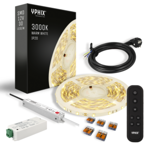 Kit Complet Ruban LED Dimmable 5 m – 3000K – 150 LED SMD – avec Dimmer, Télécommande & Alimentation 12V/24W