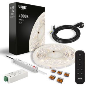 Kit Complet Ruban LED Dimmable 5 m – 4000K – 150 LED SMD – avec Dimmer, Télécommande & Alimentation 12V/24W