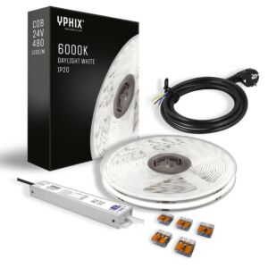 Kit Complet Ruban LED 5 m – Blanc lumière du jour 6000K – COB 480 led's - avec Transformateur 24V - 100W