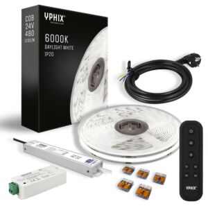 Kit Complet Ruban LED Dimmable 5 m – Blanc lumière du jour 6000K – COB 480 led's - avec Variateur et Transformateur 24V - 100W