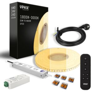 Kit complet de ruban LED dimmable 5 m Dim-to-Warm – 1800K–3000K – SMD 240 LED + transformateur 24V – 100W